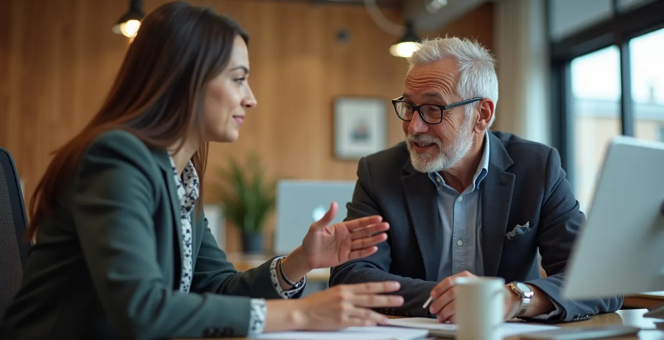 Employés de différentes générations collaborant autour d'outils numériques dans une PME