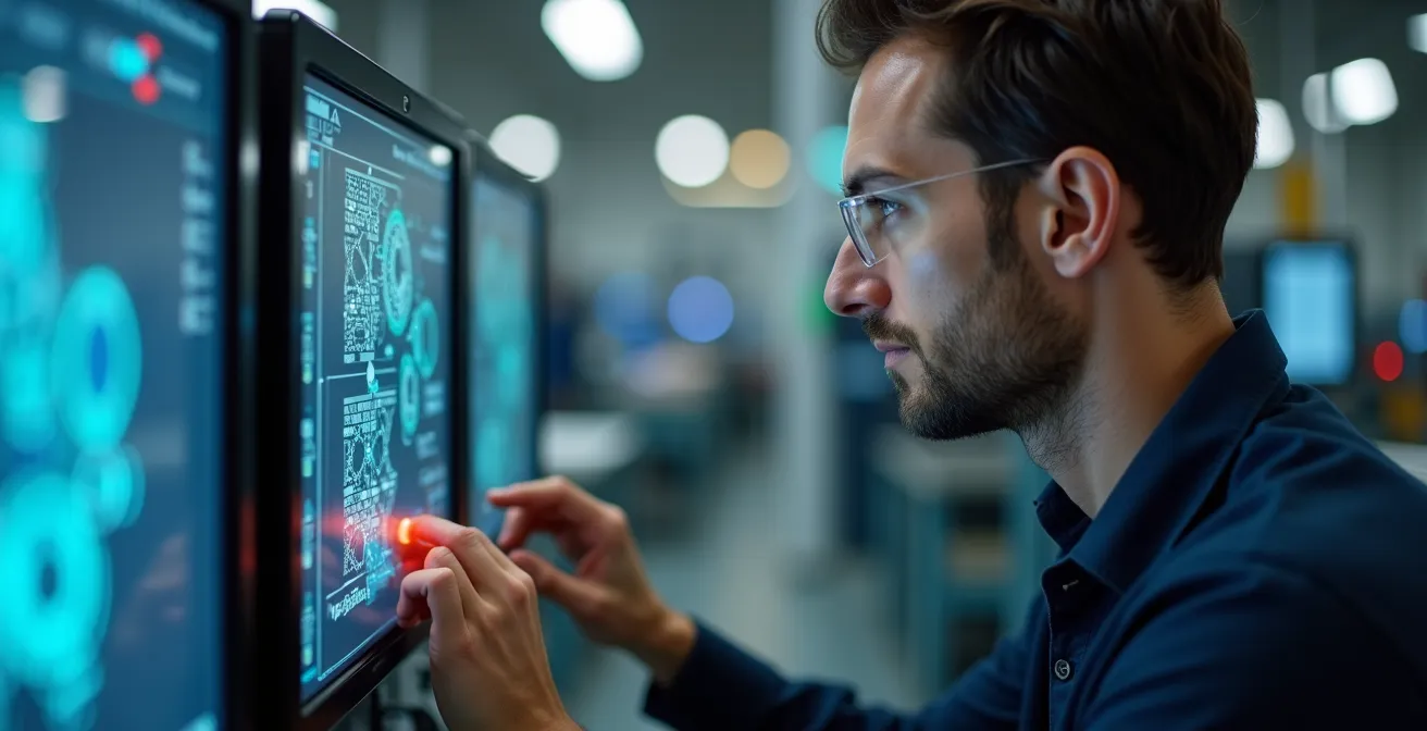 Technicien ajustant les paramètres d'un système de vision artificielle dans une usine