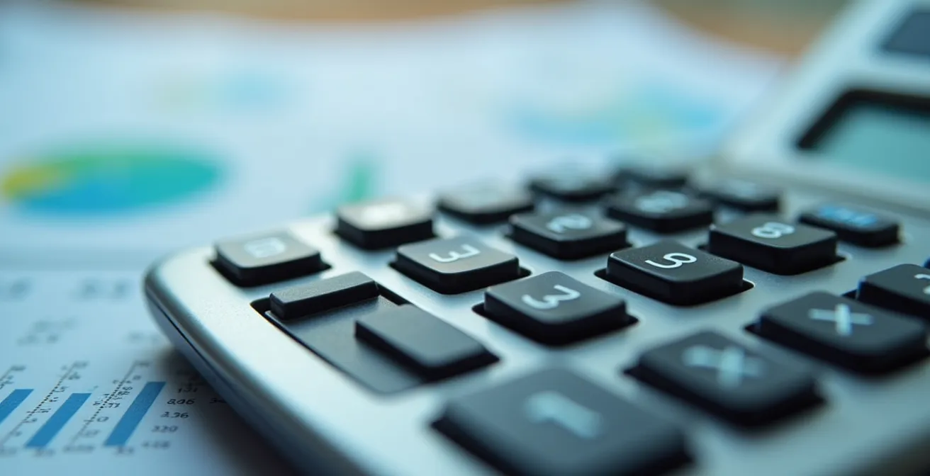 Gros plan macro sur calculatrice professionnelle avec papiers financiers flous en arrière-plan