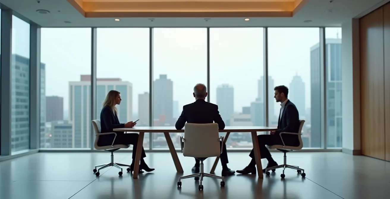 Salle d'arbitrage privée avec médiateur professionnel et représentants d'entreprise en discussion confidentielle