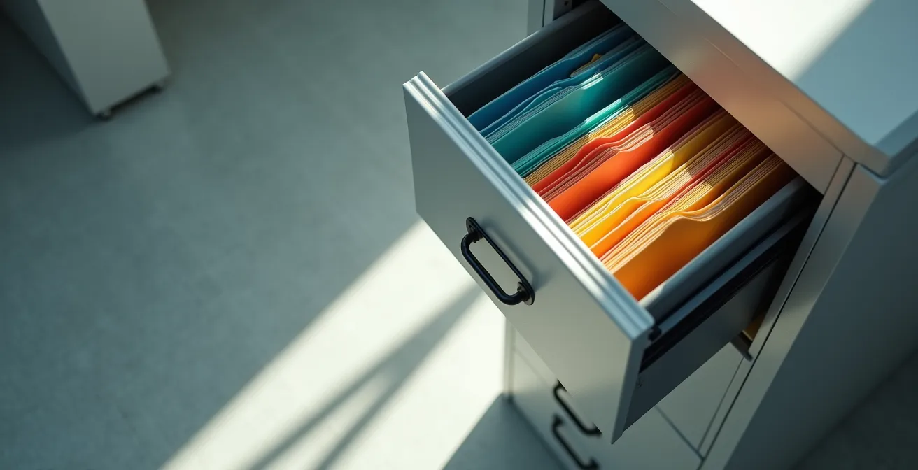 Vue en plongée de classeurs métalliques fermés dans un bureau moderne et épuré