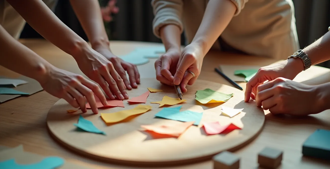 Séance de co-construction avec matériel créatif sur table ronde