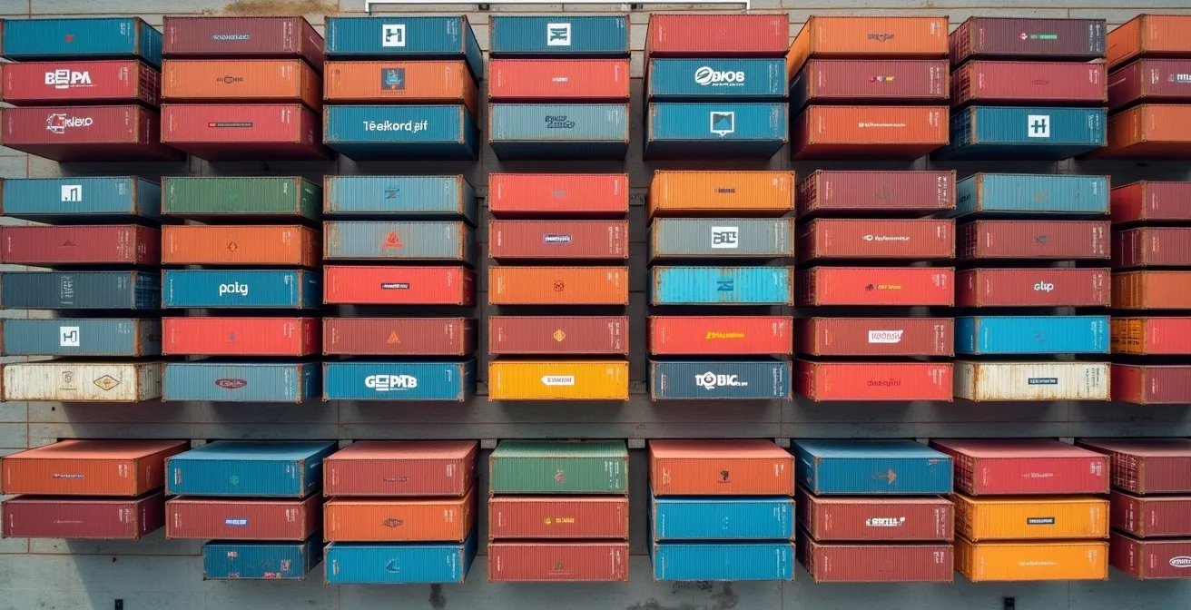 Vue aérienne minimaliste d'un réseau de connexions d'approvisionnement avec conteneurs maritimes colorés