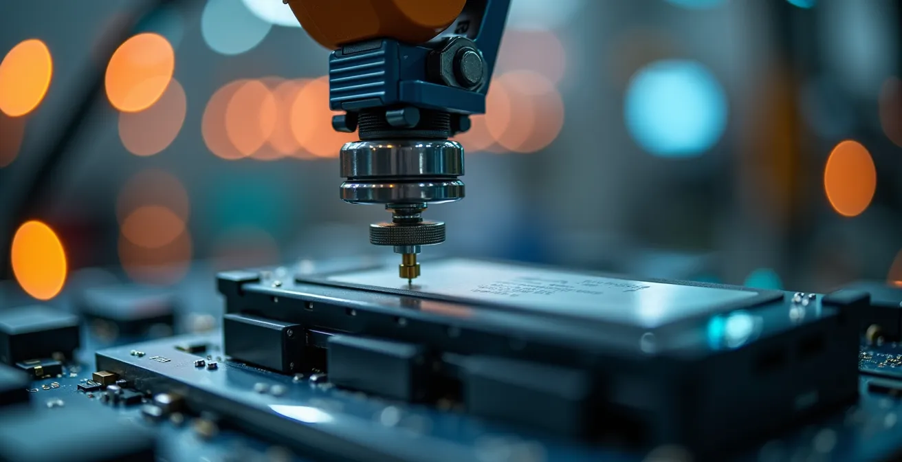 Vue macro d'un bras robotique manipulant avec précision un module de batterie dans une usine automatisée en Ontario