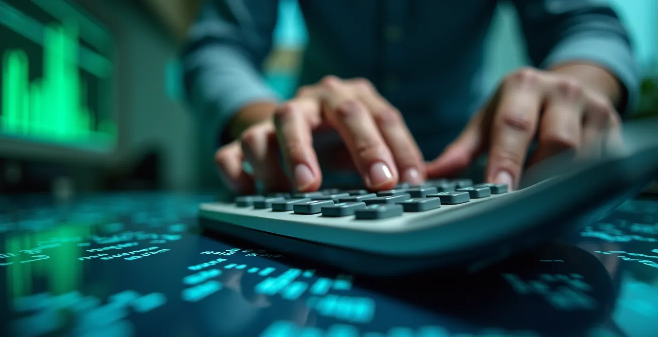 Vue macro d'une main utilisant une calculatrice avec des graphiques de données environnementales flous en arrière-plan