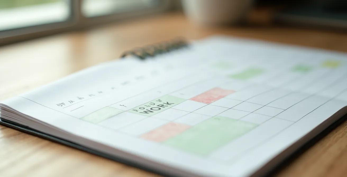 Vue macro d'un calendrier épuré montrant des blocs de temps productif