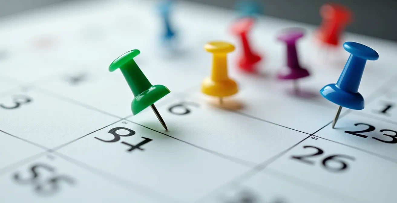 Vue macro d'un calendrier avec des épingles colorées marquant les dates de révision des politiques RH.