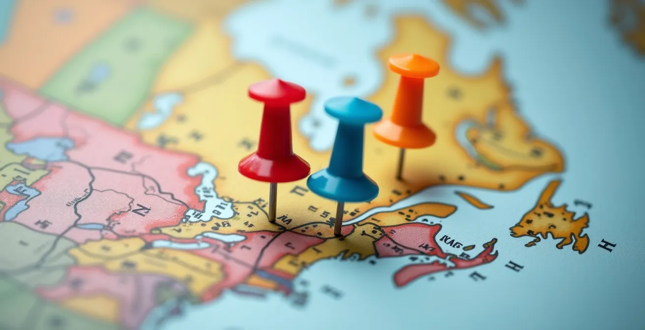 Vue macro détaillée d'une carte du Canada avec épingles marquant les points d'expansion stratégiques