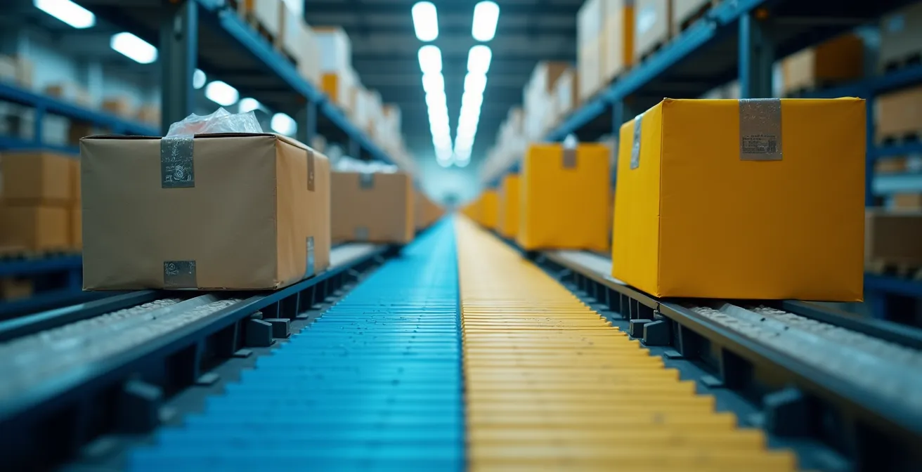 Centre de tri automatisé pour retours avec convoyeurs et zones de reconditionnement