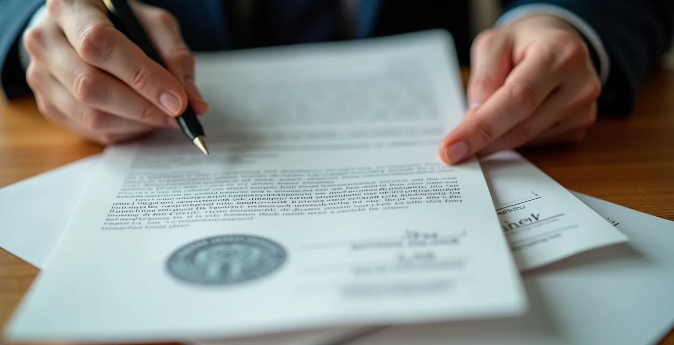 Gros plan sur des mains professionnelles manipulant des documents officiels sur un bureau organisé