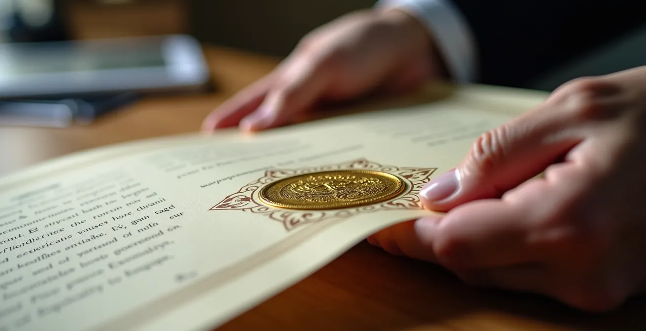 Gros plan sur des mains tenant un document de certification avec un sceau doré