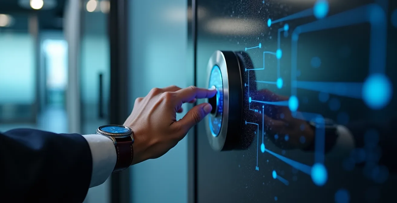 Coffre-fort haute sécurité avec éléments numériques abstraits symbolisant la protection des actifs crypto.