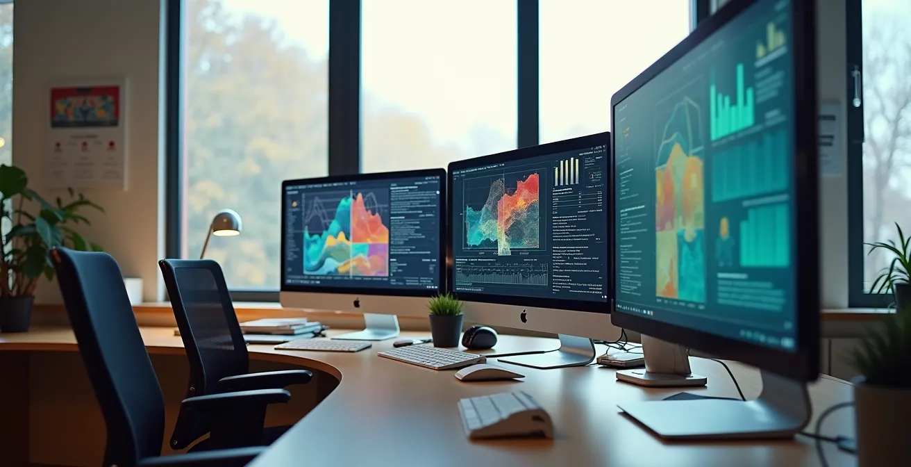 Bureau avec deux configurations d'écrans montrant des interfaces de veille différentes