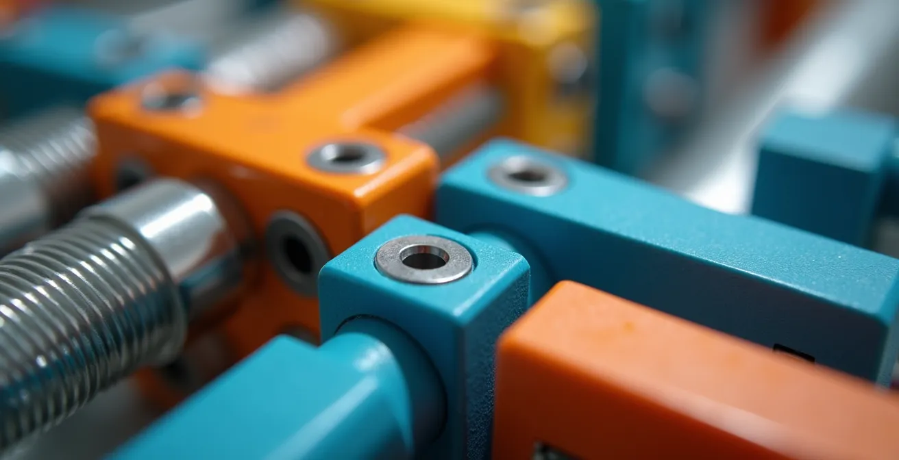 Gros plan macro sur un assemblage modulaire démontable avec fixations standards et matériaux identifiés par codes couleur