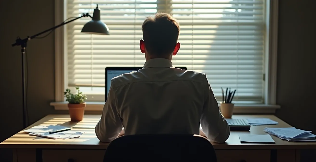 Employé de dos travaillant à domicile avec ordinateur éteint et papiers éparpillés, symbolisant le désengagement suite à un changement de conditions de travail.