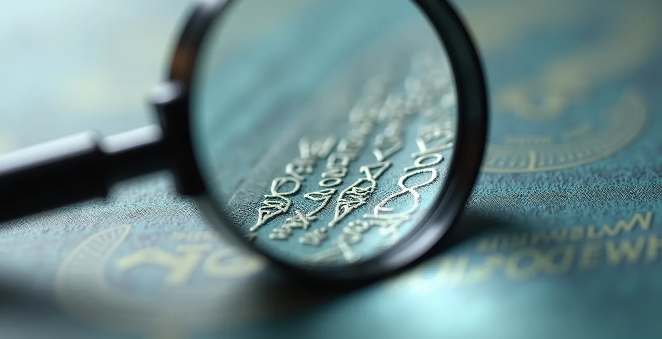 Macro détaillé de documents fiscaux avec loupe montrant les détails de vérification