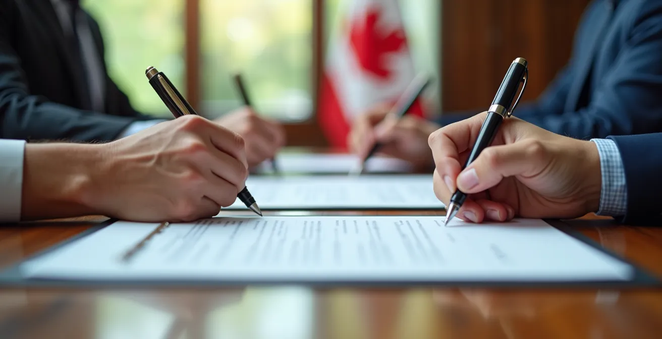 Mains d'entrepreneurs signant une convention d'actionnaires dans un bureau canadien
