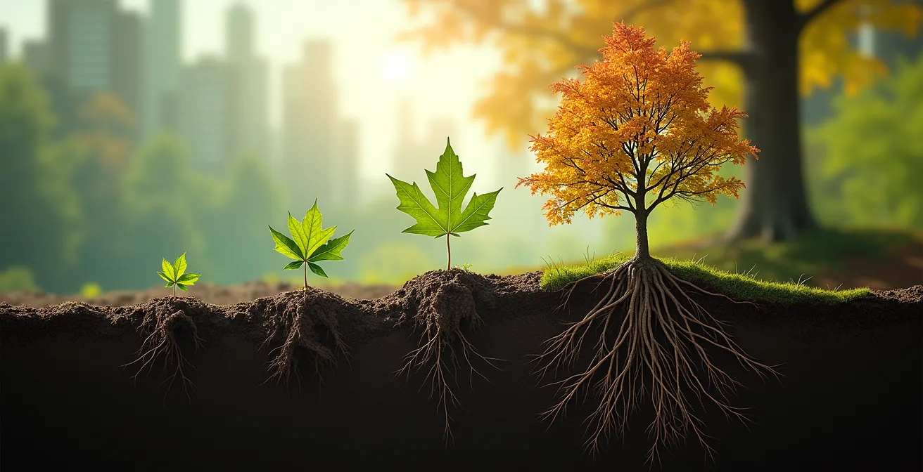 Graphique de croissance métaphorique avec jeune pousse d'érable évoluant vers arbre mature, racines s'étendant à travers une carte stylisée du Canada