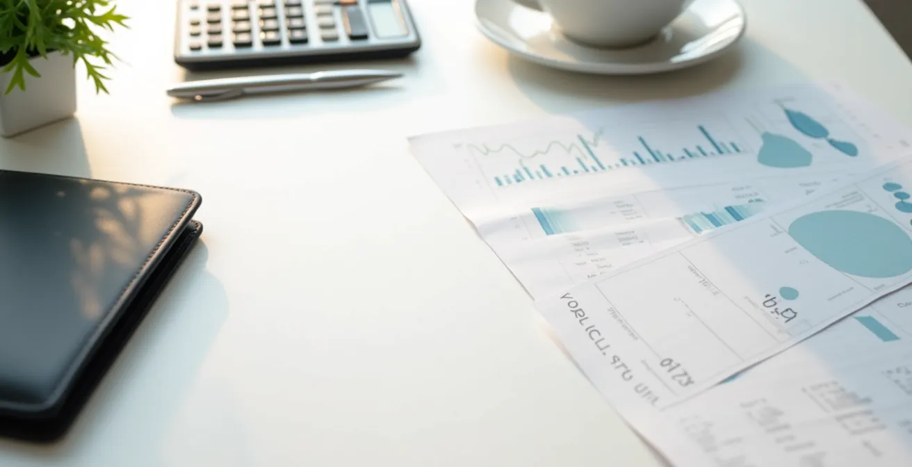 Vue aérienne d'un bureau épuré avec documents financiers abstraits et calculatrice