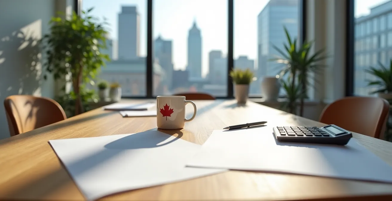 Bureau québécois avec documents d'appel d'offres étalés sur table en bois, calculatrice et café, éclairage naturel d'après-midi