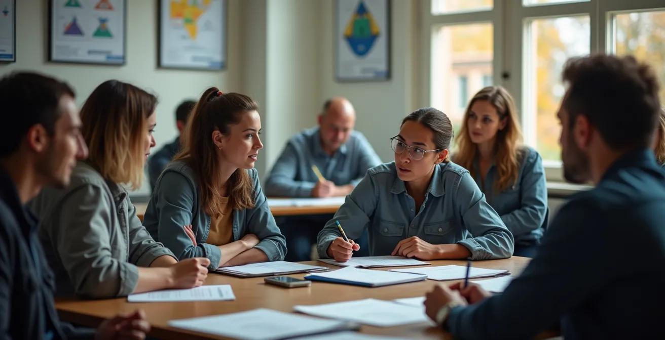 Formation SIMDUT en cours avec employés prenant des notes et formateur présentant des pictogrammes