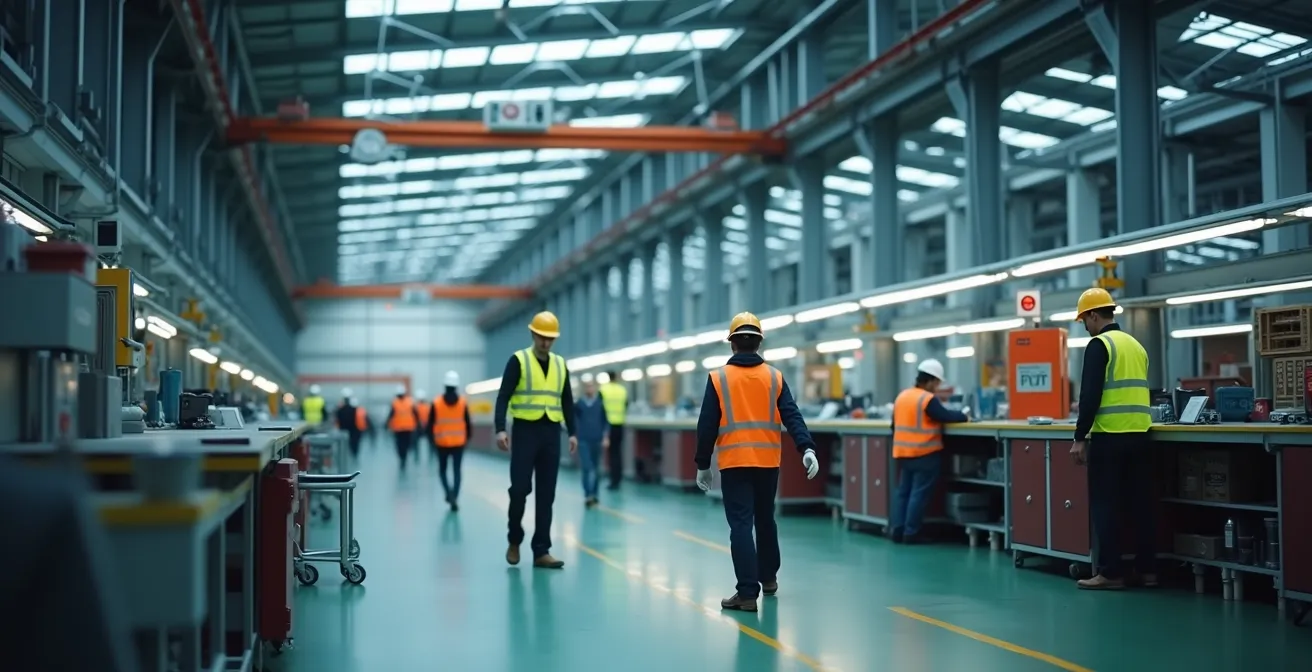 Hall industriel moderne avec éclairage LED zénithal et capteurs de présence