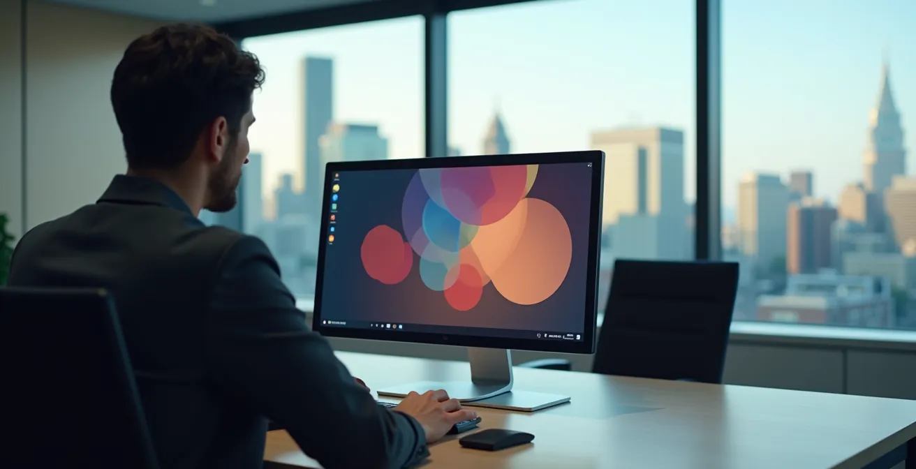 Vue d'angle arrière d'un écran d'ordinateur montrant une interface conversationnelle floue dans un environnement de bureau québécois
