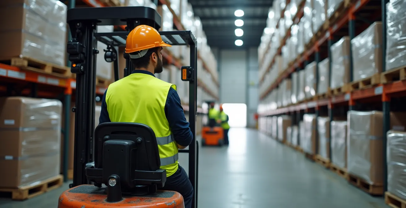 Vue intérieure d'un entrepôt de transbordement moderne avec chariots élévateurs et palettes