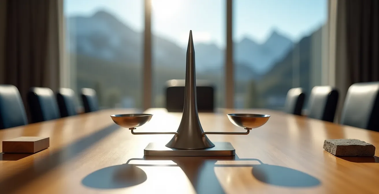 Balance symbolique représentant l'équilibre éthique dans un contexte d'affaires canadien