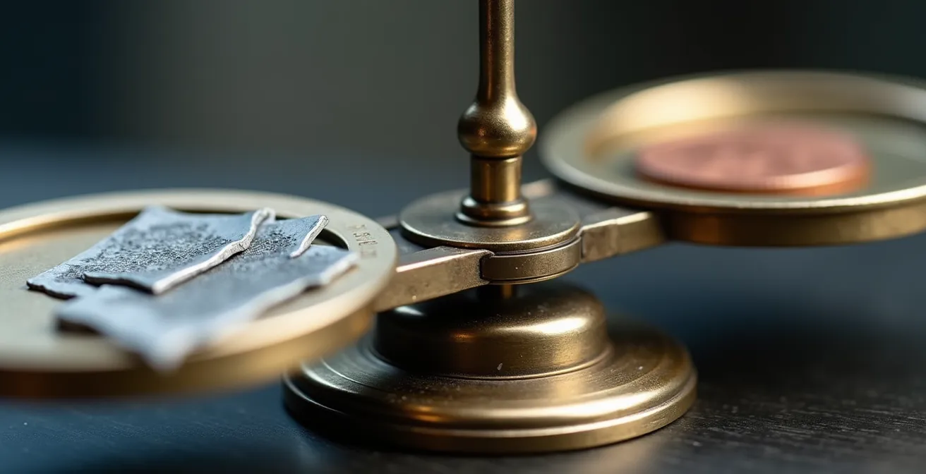 Balance professionnelle avec documents contractuels et calculatrice dans un bureau d'affaires canadien