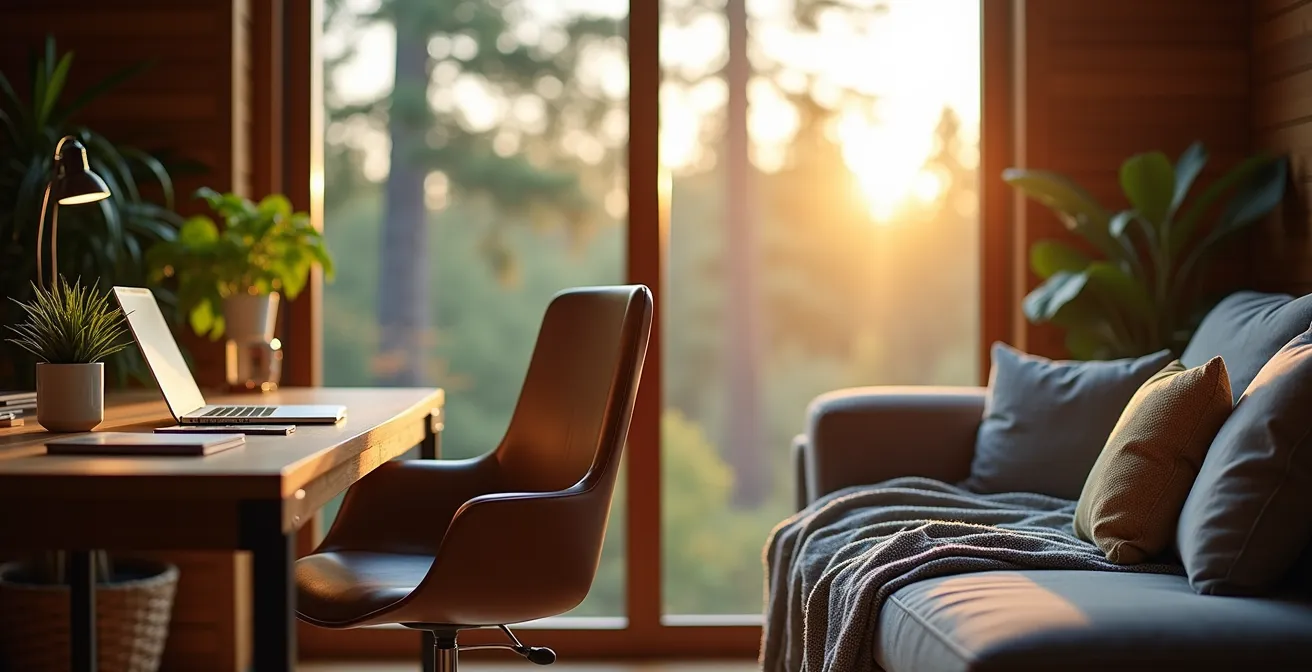 Professionnel canadien travaillant sereinement depuis un espace de travail à domicile avec vue sur la nature