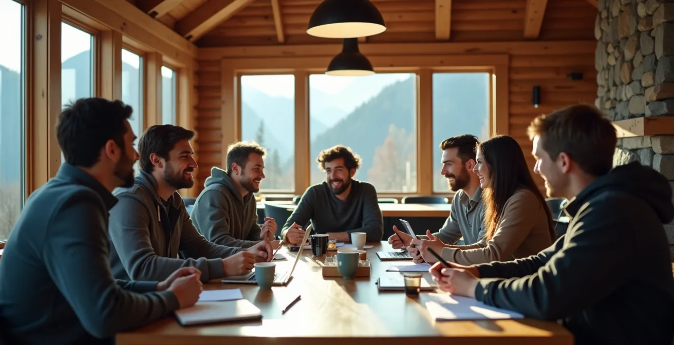 Équipe de développeurs en retraite d'entreprise dans un chalet des Laurentides avec activités de team building