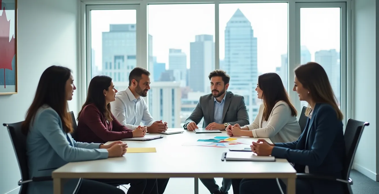 Équipe marketing en réunion de travail sur la conformité des données personnelles dans un bureau moderne