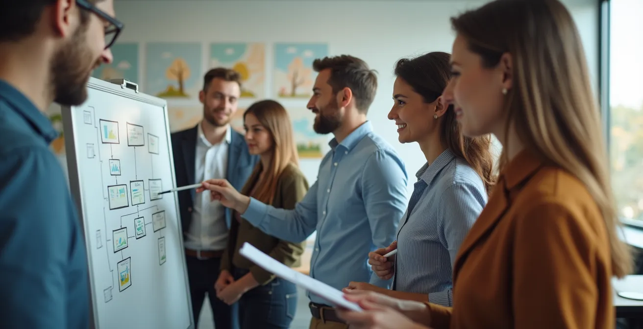 Équipe opérationnelle en réunion de travail pour implémenter des directives légales