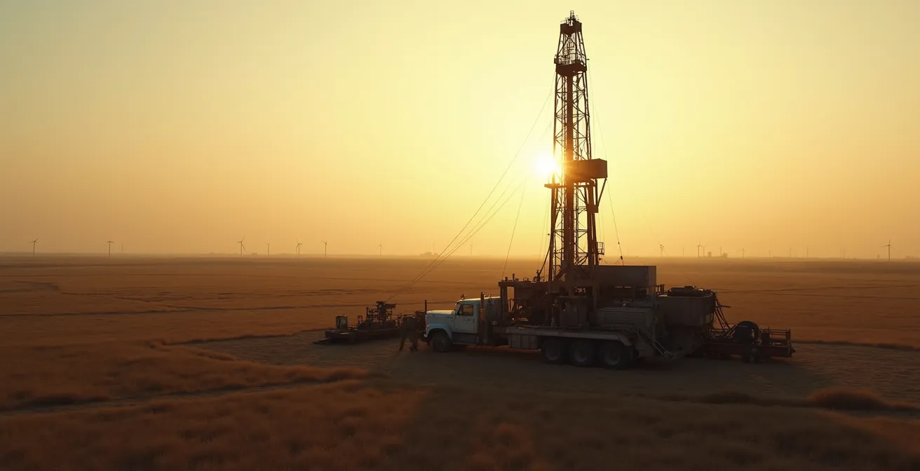 Vue aérienne d'un site de forage en transition dans les prairies canadiennes au lever du soleil