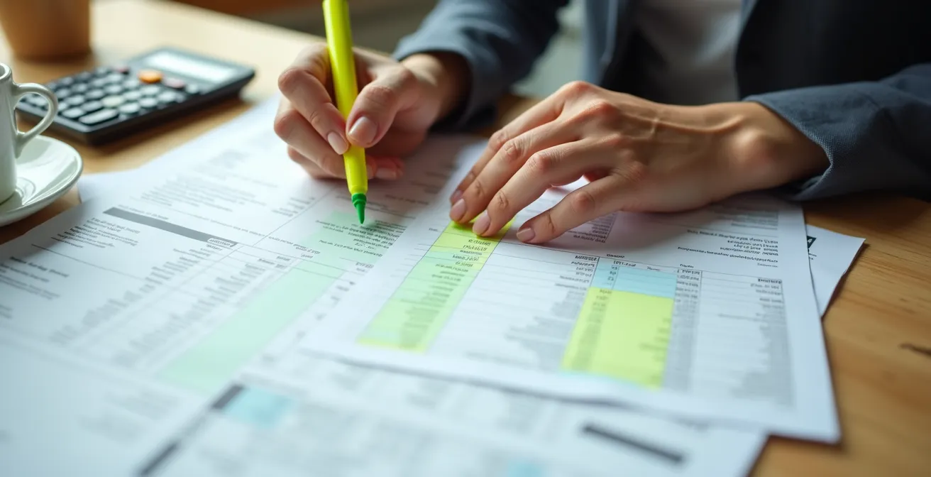 Vue aérienne de factures organisées sur un bureau avec surligneurs colorés marquant les éléments essentiels