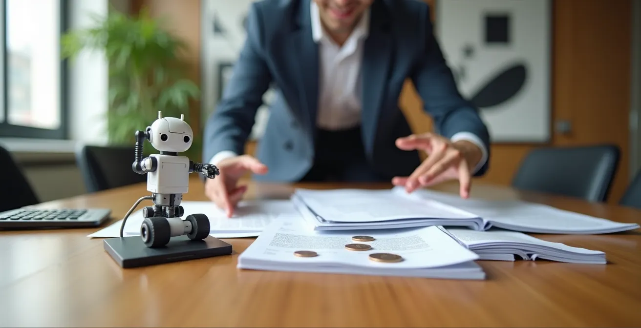 Bureau moderne avec documents financiers et modèle miniature de cobot sur table de consultation