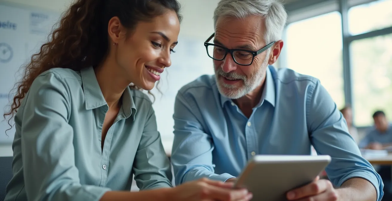 Session de mentorat inversé entre jeune employé et cadre senior dans un espace de formation moderne