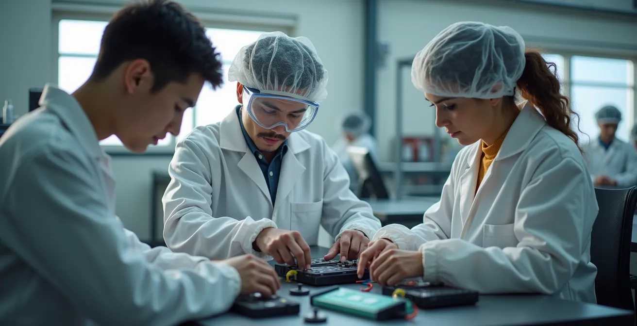 Techniciens en formation manipulant des modules de batteries dans un centre de formation spécialisé en Ontario