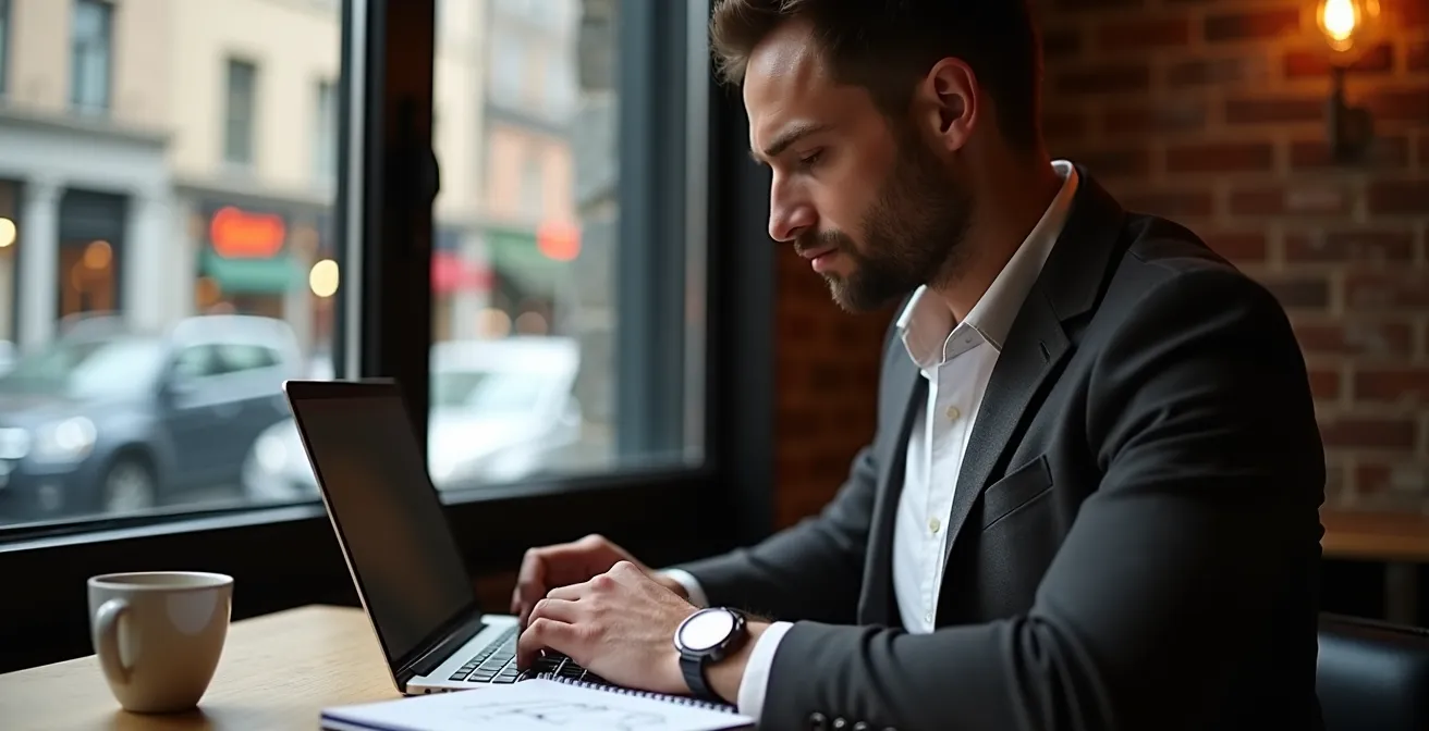 Professionnel travaillant de manière autonome dans un café de Montréal avec vue sur la ville