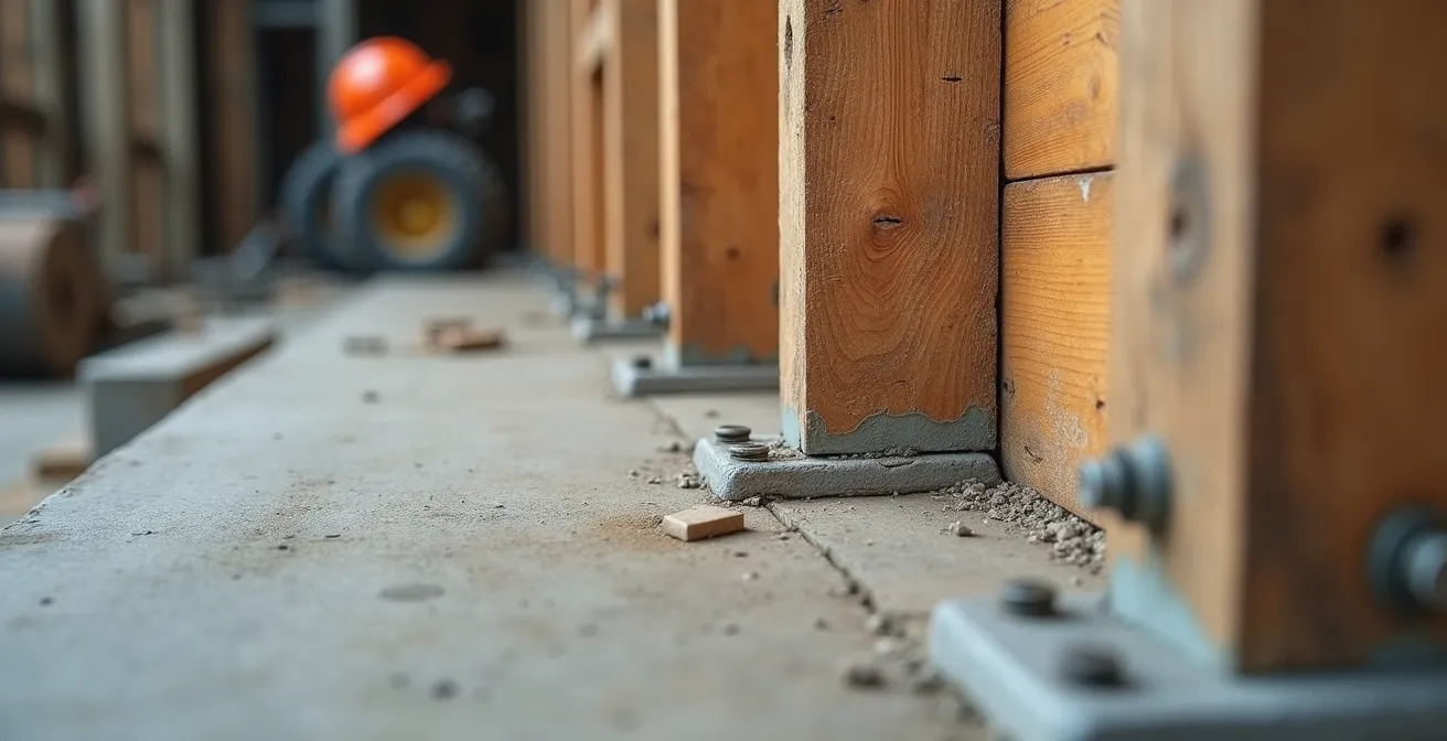 Chantier de construction avec documents de privilège du constructeur symbolisant l'hypothèque légale.