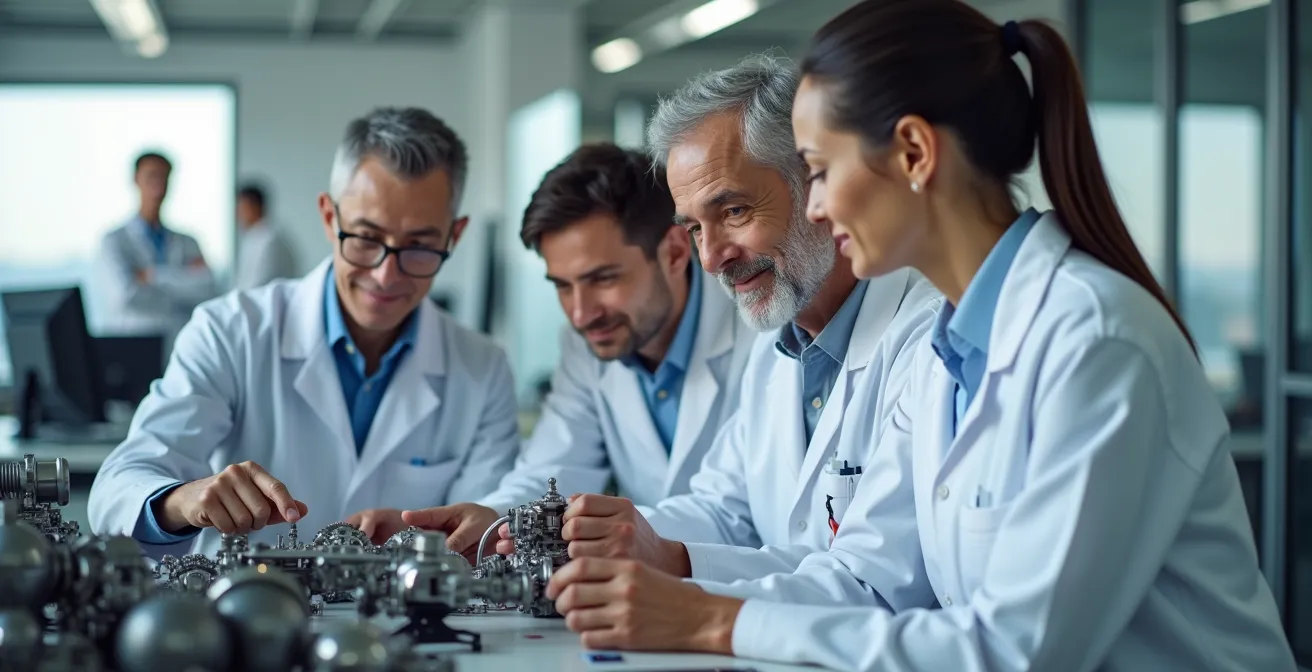 Ingénieurs travaillant sur des composants aéronautiques dans un laboratoire moderne