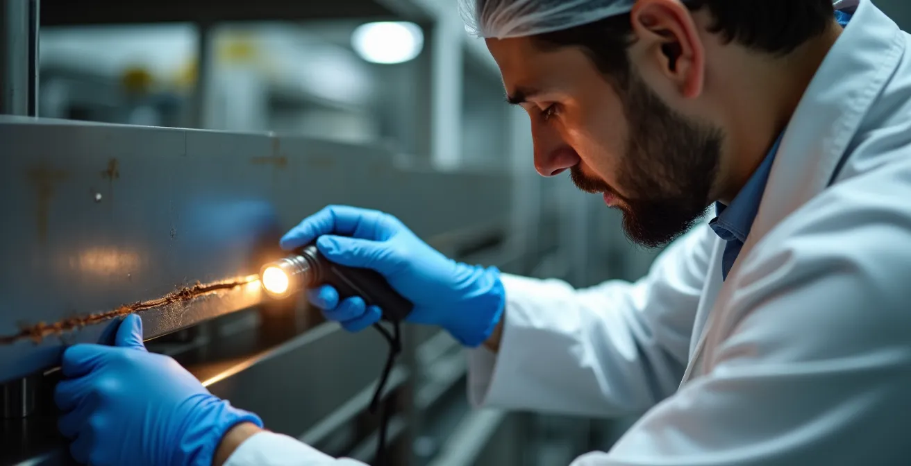 Inspection minutieuse d'une soudure sur équipement alimentaire en acier inoxydable