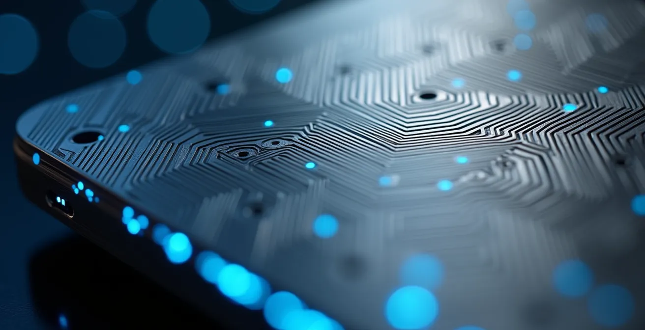 Gros plan macro sur dispositif de sécurité hardware wallet avec reflets de données blockchain abstraites