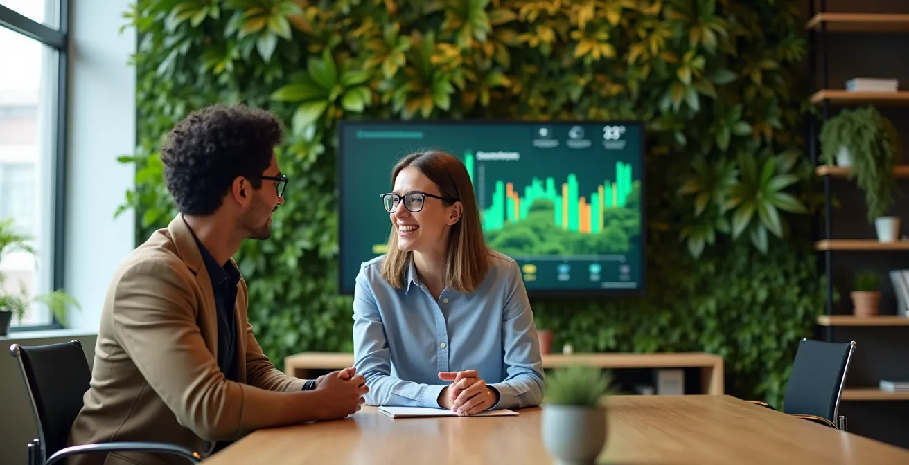 Professionnels analysant des graphiques de performance ESG dans un environnement de bureau durable