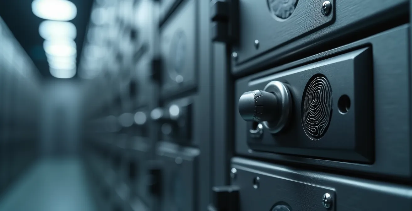 Vue macro de systèmes de classement sécurisés avec serrures biométriques et organisation méthodique des dossiers