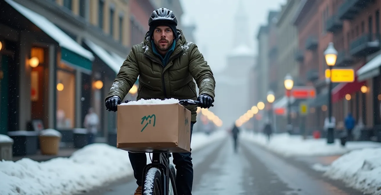 Cycliste livrant des colis en vélo cargo dans une rue enneigée du Vieux-Montréal
