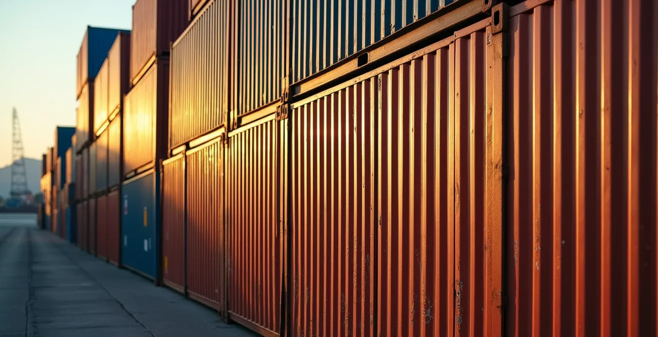 Vue latérale de conteneurs d'expédition empilés avec jeu d'ombres géométriques