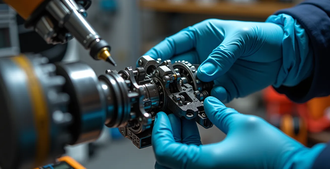 Gros plan sur les mains d'un technicien inspectant les composants internes d'un bras robotique avec outils de précision