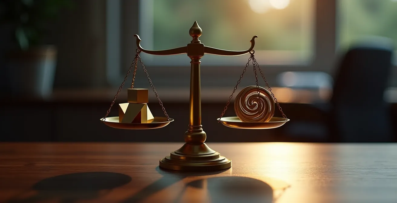 Représentation visuelle d'une balance équilibrée avec symboles financiers abstraits